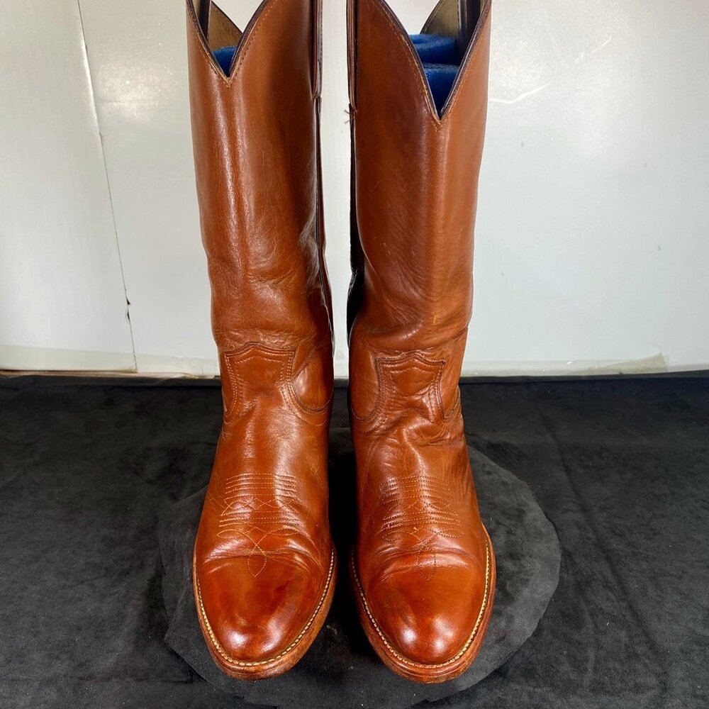 Men's 1970's,  Frye, 9.5 D,  Full Calf Cognac Brown Cowboy Boots, Made in  USA